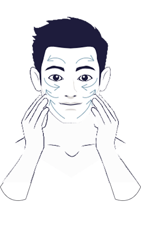 輕點於額頭、兩頰、下巴、脖子等部位，輕拍至吸收。亦可按圖示方向輕輕按摩。
